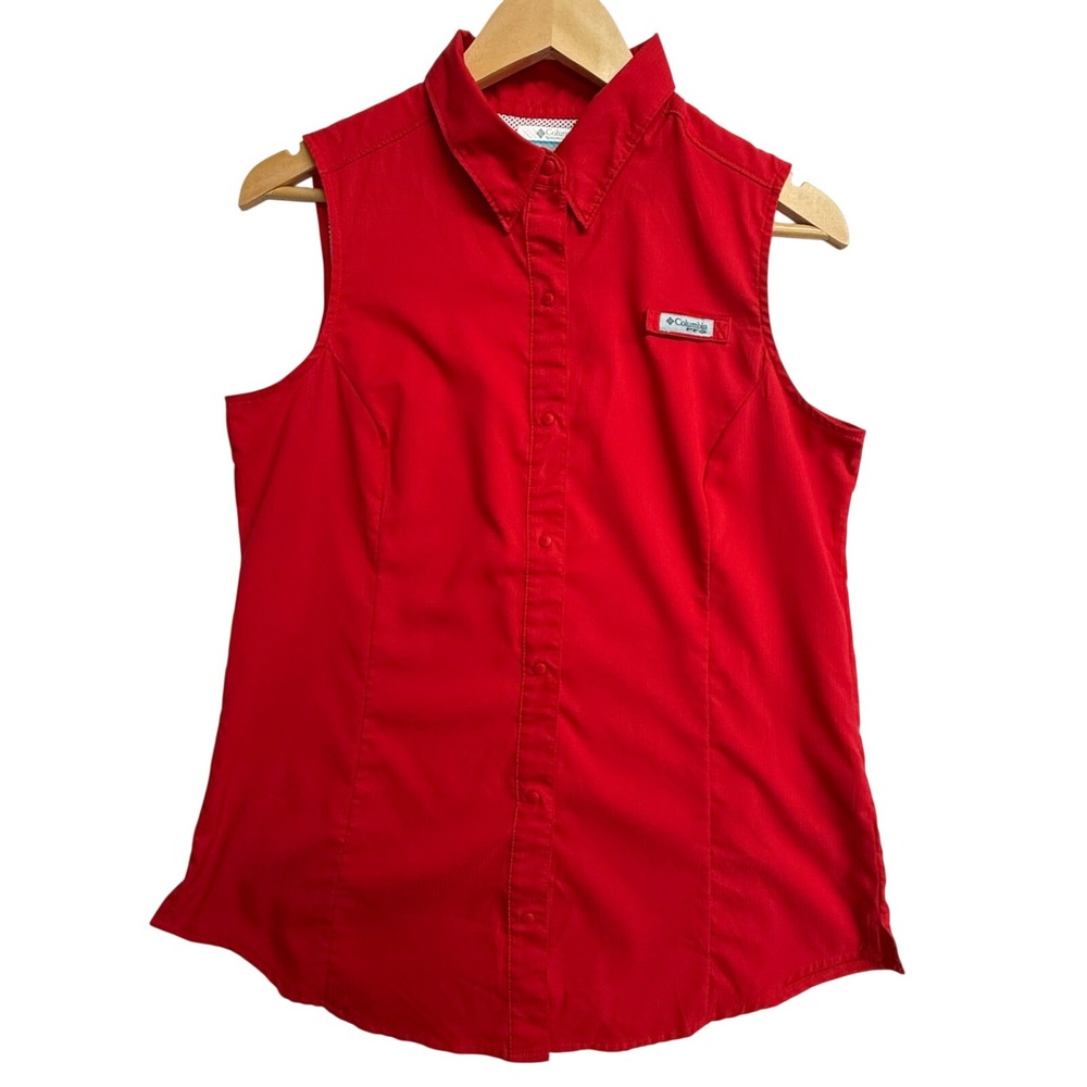 Columbia PFG Sleeveless Fishing Shirt Women's M Red Omni-Shade Vented Snap